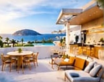 Perspectiva do terraço de uma cobertura com mesa e vista para o mar