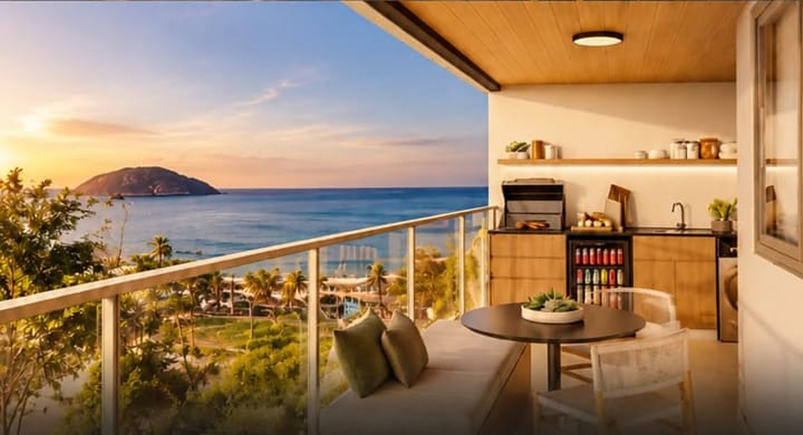 Perspectiva de varanda gourmet do Conviva Piratininga II com vista para o mar